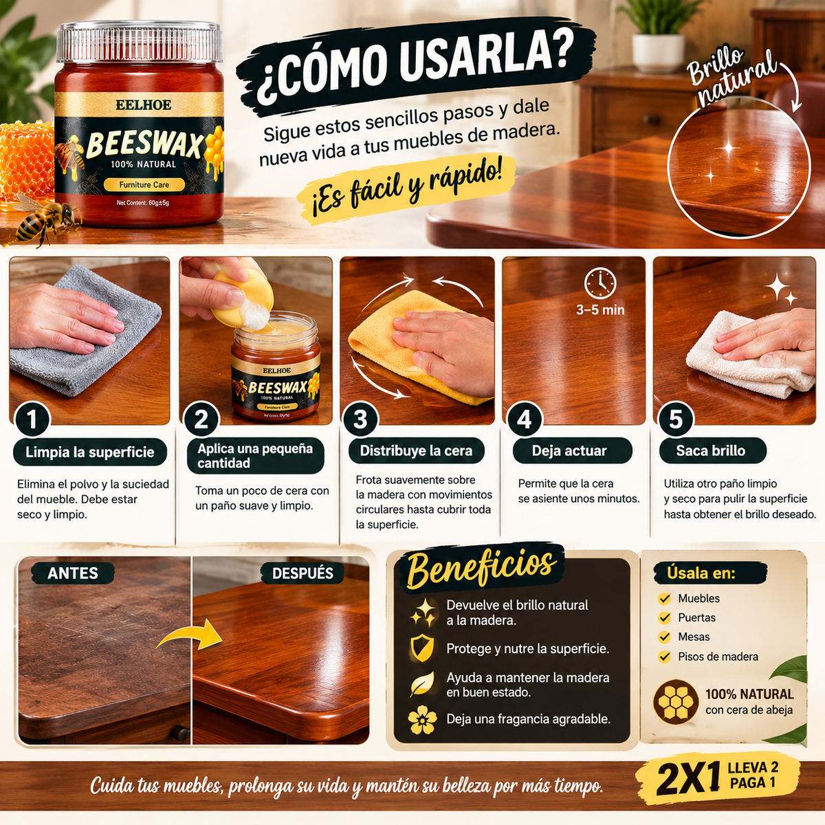 2X1 CERA BEESWAX MUEBLE BRILLO, REVIVIDOR MADERA (ROBLE)